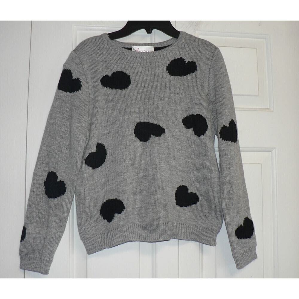 Cotton Emporium Girls Long Sleeve Crew‎ Neck Sweater In Grey Black Hearts XLarge